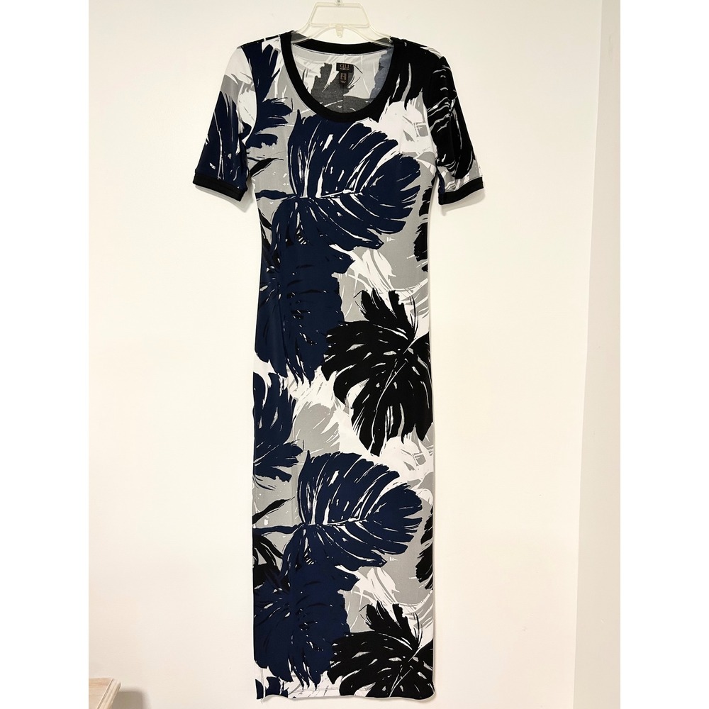 G.I.L.I. Navy Blue Tropical Palm Leaf Print Maxi Dress XXS Short Sleeve Slit